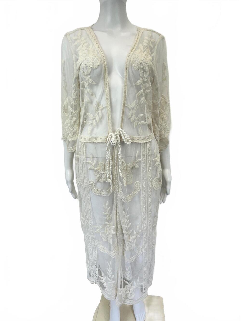 Pol Women’s Sz S Cotton Lace Duster Ivory Sheer Floral Kimono Boho Beachy